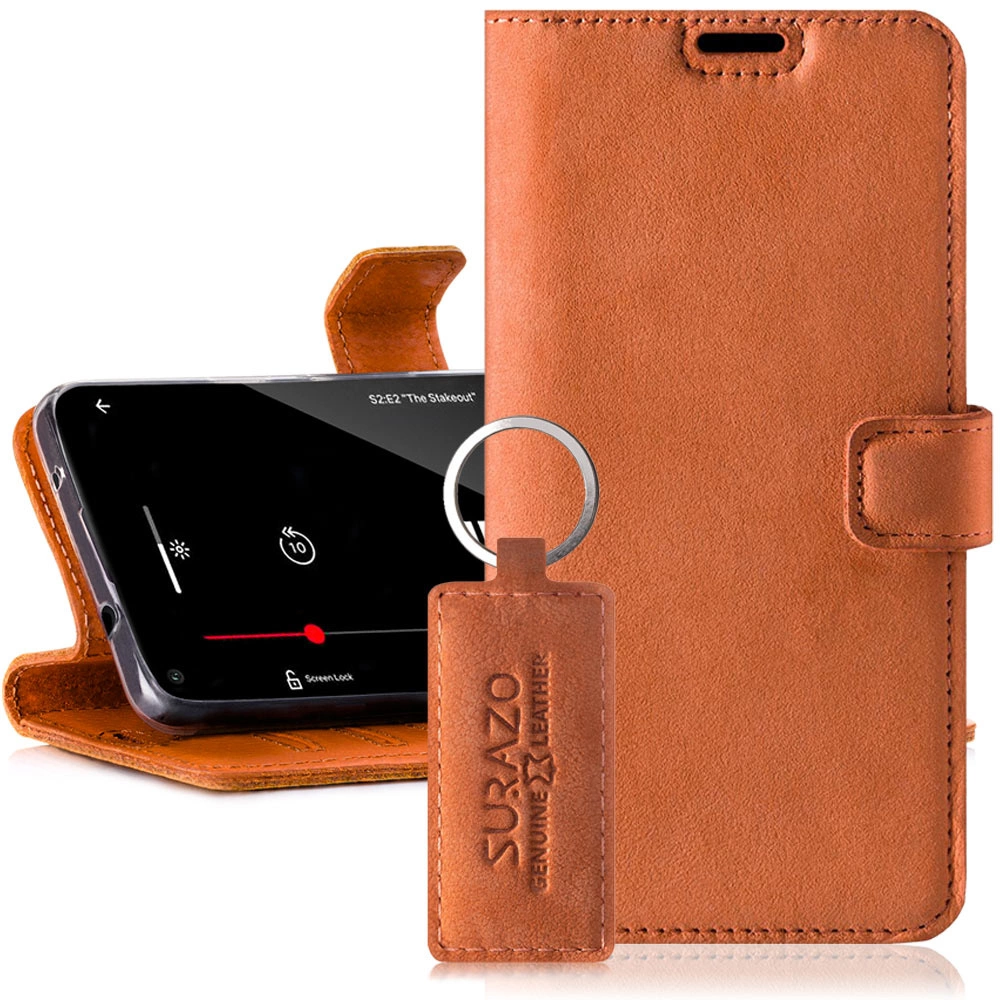 Hochwertige Lederhulle mit Kartenfacher und mit Standfunktion Surazo Wallet Case. Nubuk Dunkelorange
